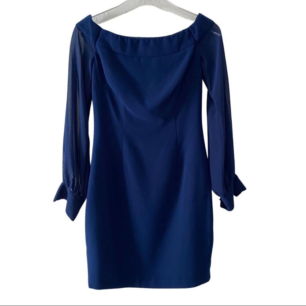 Aidan Mattox Mini Cocktail Dress with Sheer Long Sleeves Blue 2